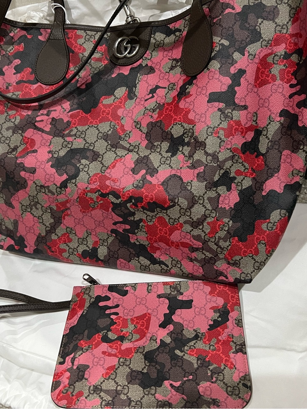 Gucci Red, Pink & Black GG Camouflage Tote with Wristlet